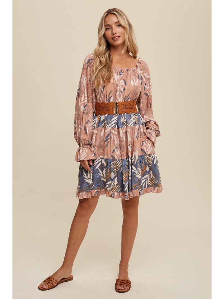 Listicle - Wholesale Dress - Women's - Patchwork Puff-Sleeve Tiered Mini Dress11