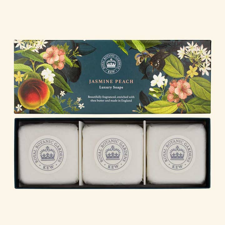 Kew Gardens Jasmine Peach Triple Soap Gift Box for wholesale by The English Soap Company