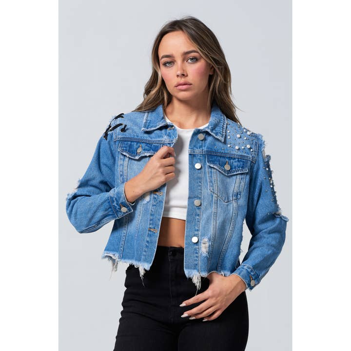 Blue Turtle - Venta al por mayor Cazadora vaquera - Mujer - Chaqueta vaquera negra con perlas desgastadas y strass de Slay Em