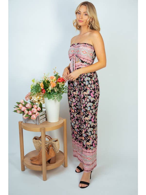 Black JP50131 Sleeveless Floral Print Woven Jumpsuit for wholesale on Faire