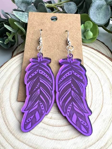 Purple Mirror Feather Acrylic Earrings for wholesale by Lindsey Lane Wholesale