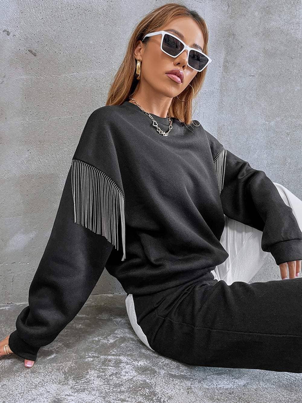 Fashion Combination - Wholesale Blouse - Women's - solid fringe detail drop shoulder sweatshirt1