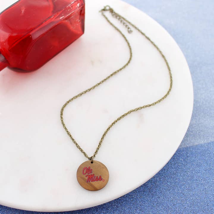 18 - 21” Mississippi Logo Wood Disc Necklace for wholesale by Seasons Jewelry