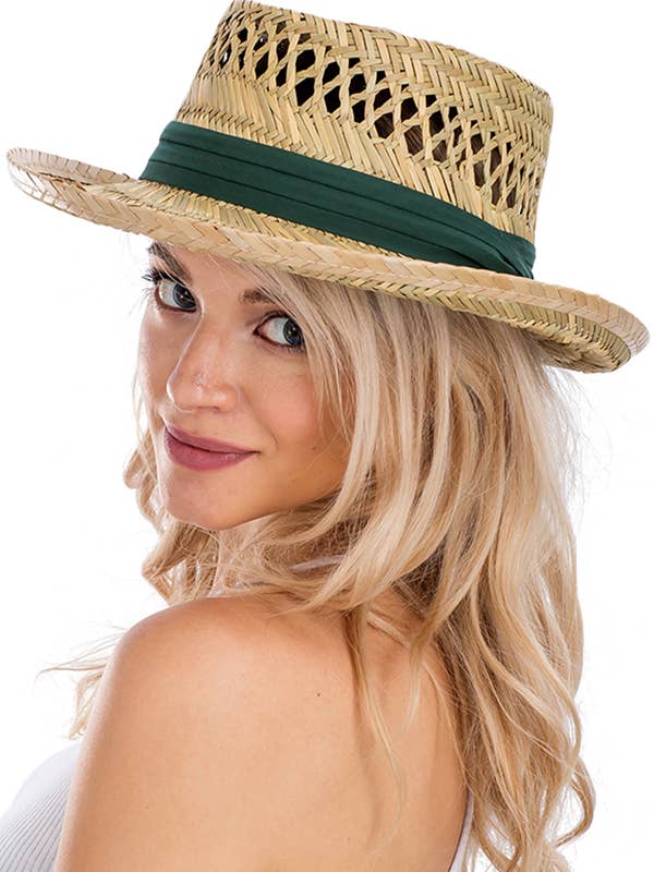 Solid Cotton Band Natural Rush Straw Gambler Hat for wholesale by Cap Zone