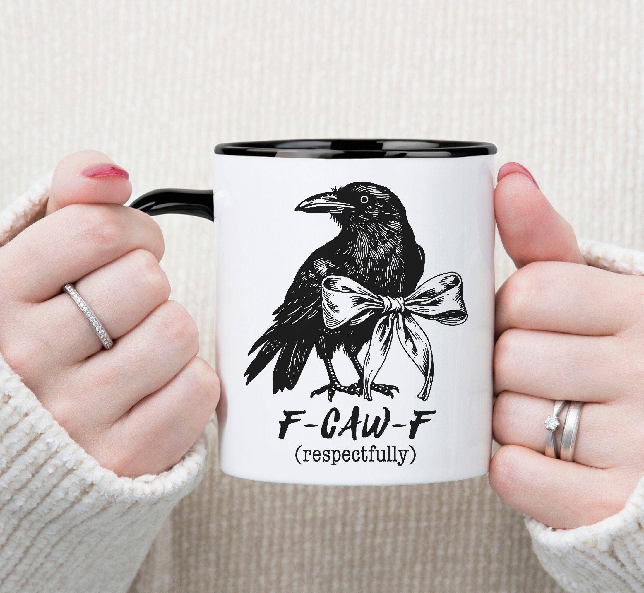 NVC Ecommerce LLC - Wholesale Coffee Mug - F-CAW-F Funny Crow Accent Mug, Retro Black Bow Crow Mug0