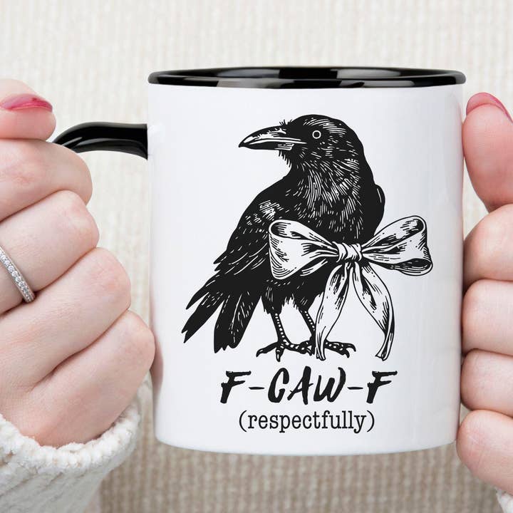 F-CAW-F Funny Crow Accent Mug, Retro Black Bow Crow Mug for wholesale by NVC Ecommerce LLC