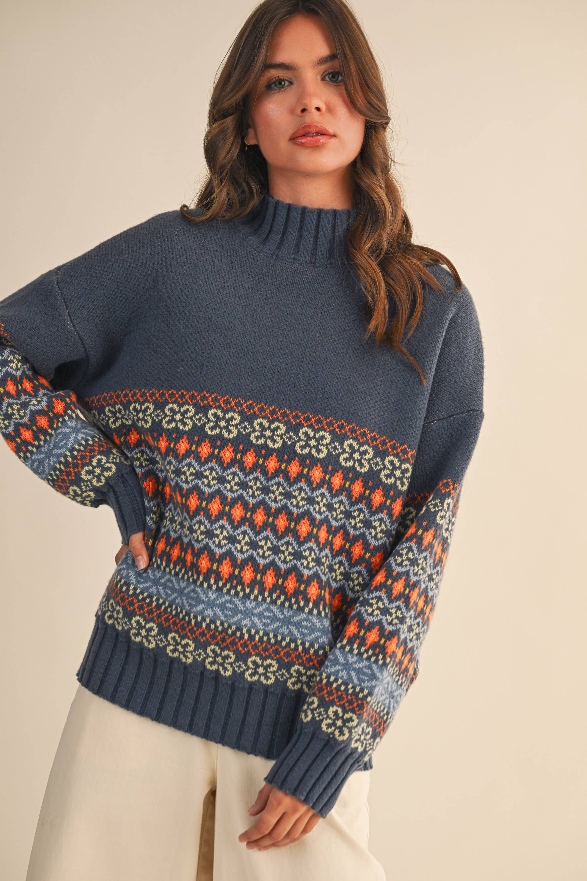 COMBO MARINE Haut de pull à col montant à motif rayé contrasté IT4443 en vente sur Faire2