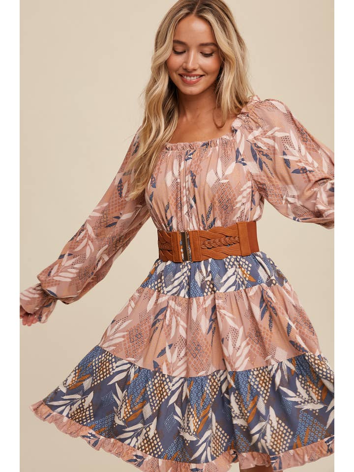 Listicle - Wholesale Dress - Women's - Patchwork Puff-Sleeve Tiered Mini Dress1