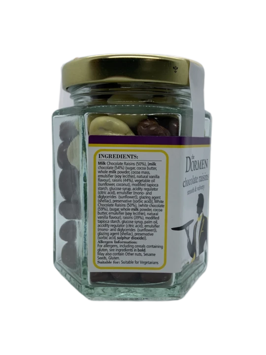 Dormen Foods – wholesale Chocolate-covered sweets – The Dormen Chocolate Raisins Hexagonal Jar , 125g3