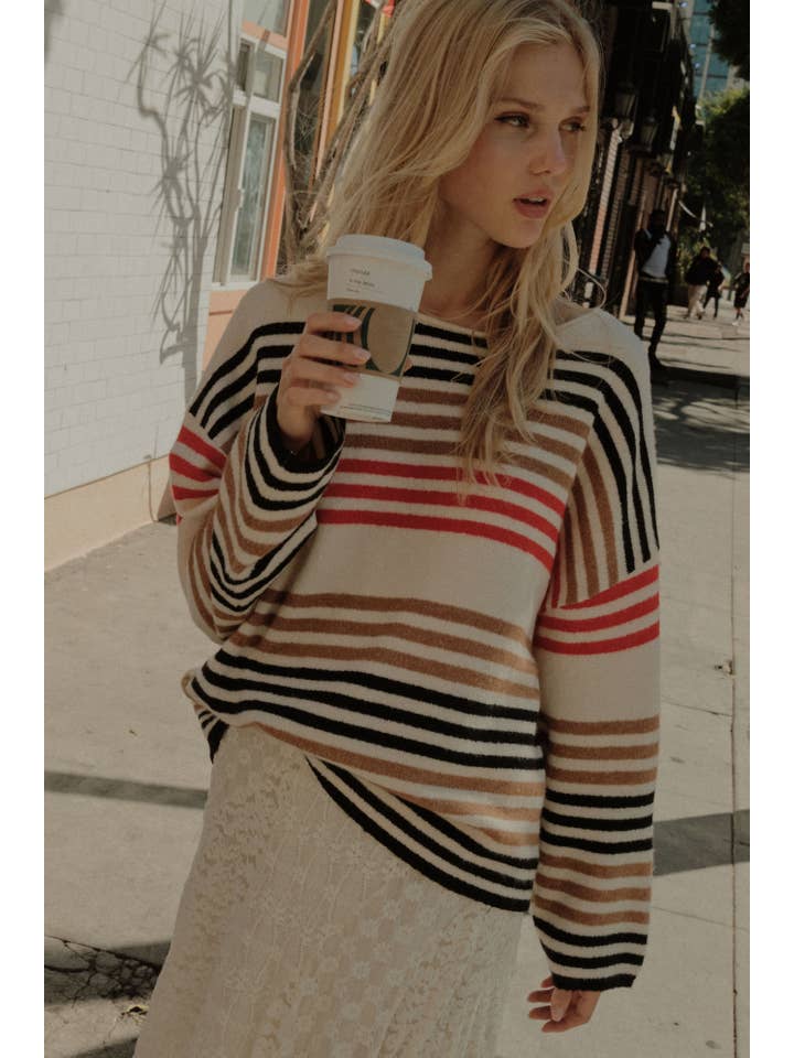 Promesa USA - Wholesale Knit Sweater - Women's - Multicolor Striped Knit Loose-Fit Boatneck Sweater