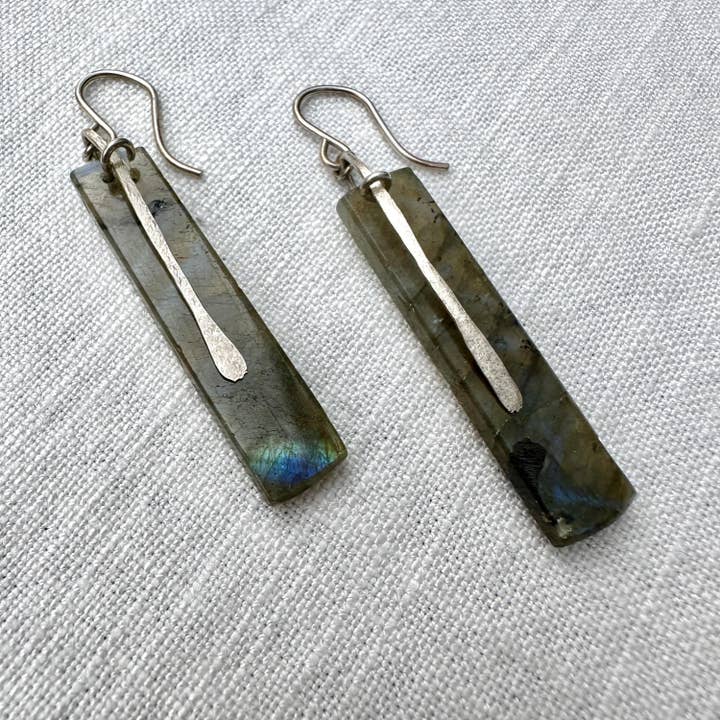iNk Jewelry - Wholesale Dangle Earrings - Labradorite and Sterling Silver Long Rectangle Earrings "Slice" by iNk Jewelry