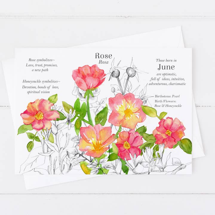 Juni Geburtsmonat Rose Blumen Geburtstag Grußkarte für den Großhandel von Rugosa & Pine