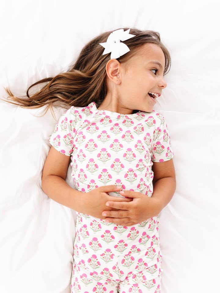 Motette - Wholesale Sleepwear Set - Kids - Pink Posy Short Sleeve & Shorts Bamboo Toddler Pajama Set0