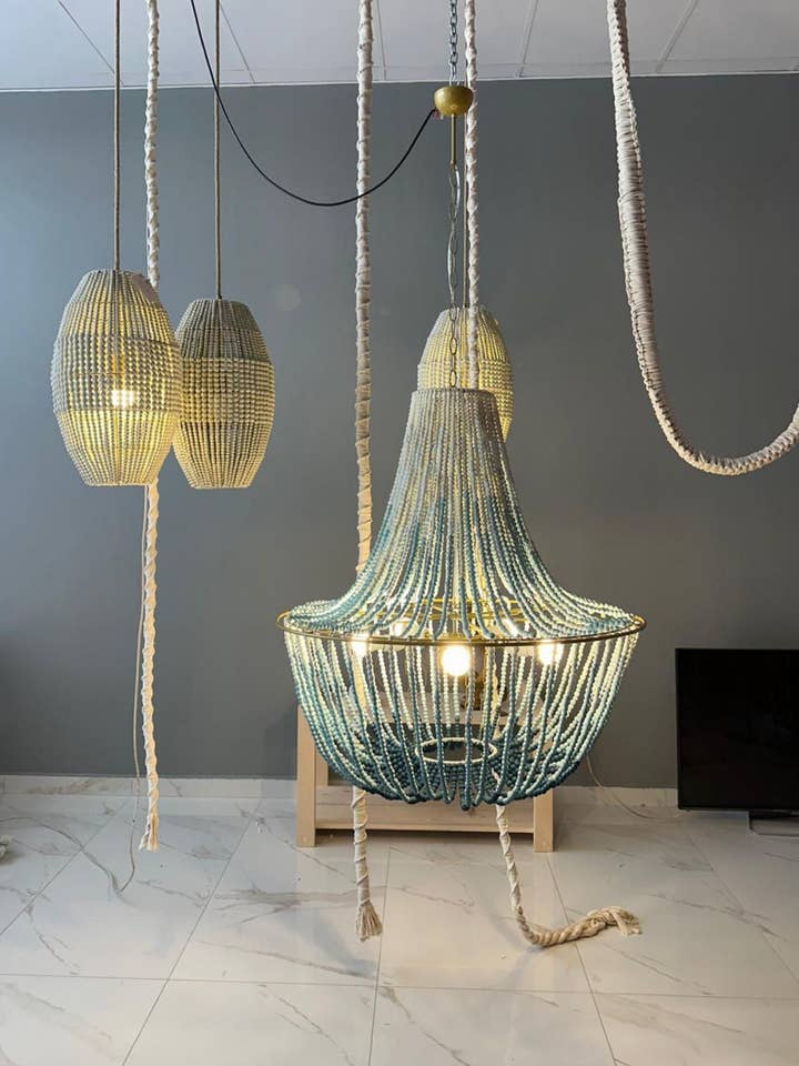 Blue Ombre Beaded Chandelier: Boho Beach House Lighting for wholesale by Joy's Arts
