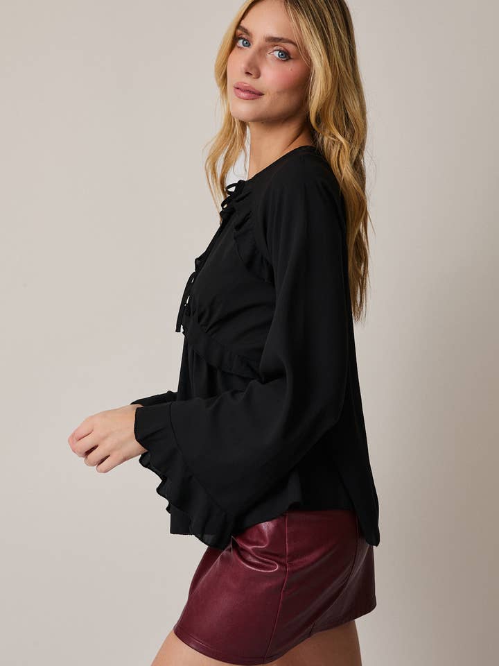 Black LONG SLEEEVE FRONT TIE RUFFLE BLOUSE for wholesale on Faire2