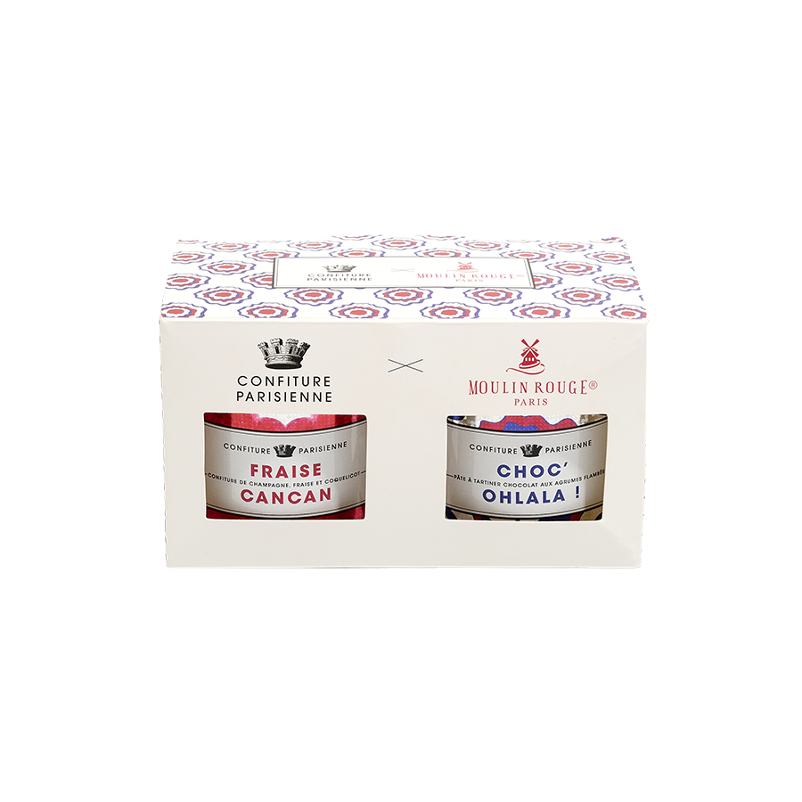 Confiture Parisienne - Wholesale Jam/Jelly - Moulin Rouge 2X100G box: Strawberry Cancan & Choc'Ohlala2