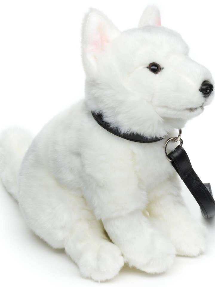 White Swiss Shepherd puppy, with leash plush toy for wholesale by Uni Toys