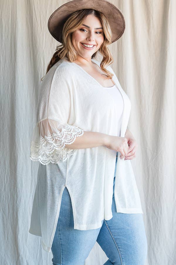 7th Ray – Engroshandel Cardigan - Dame – [PLUS SIZE] Cardigan til kvinder med blondeærmer til hverdagsbrug T4485XL22