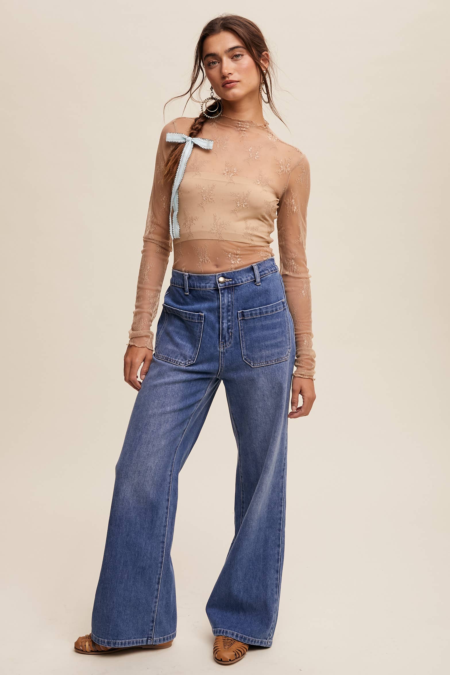 Listicle - Wholesale Blouse - Women's - Sheer Lace Long-Sleeve Top100