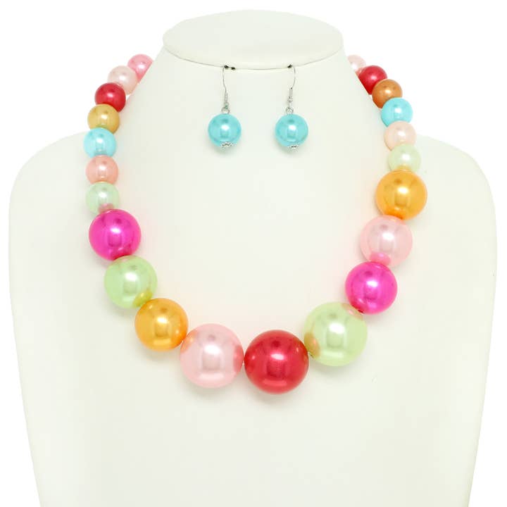 SP Sophia Collection - Wholesale Jewelry Set - Pearl Large Bead Statement Necklace Earring Set 3