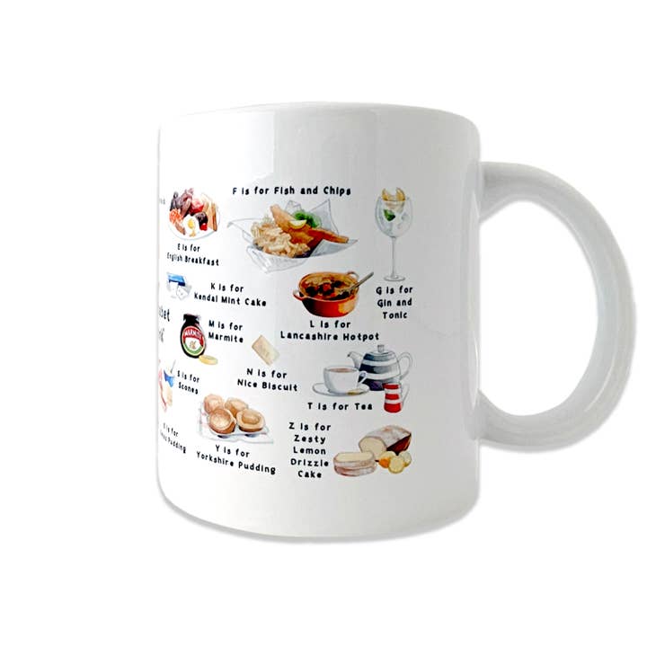 A Very English Alphabet 'Food & Drink' Mug for wholesale by Yeti Cards & Gifts