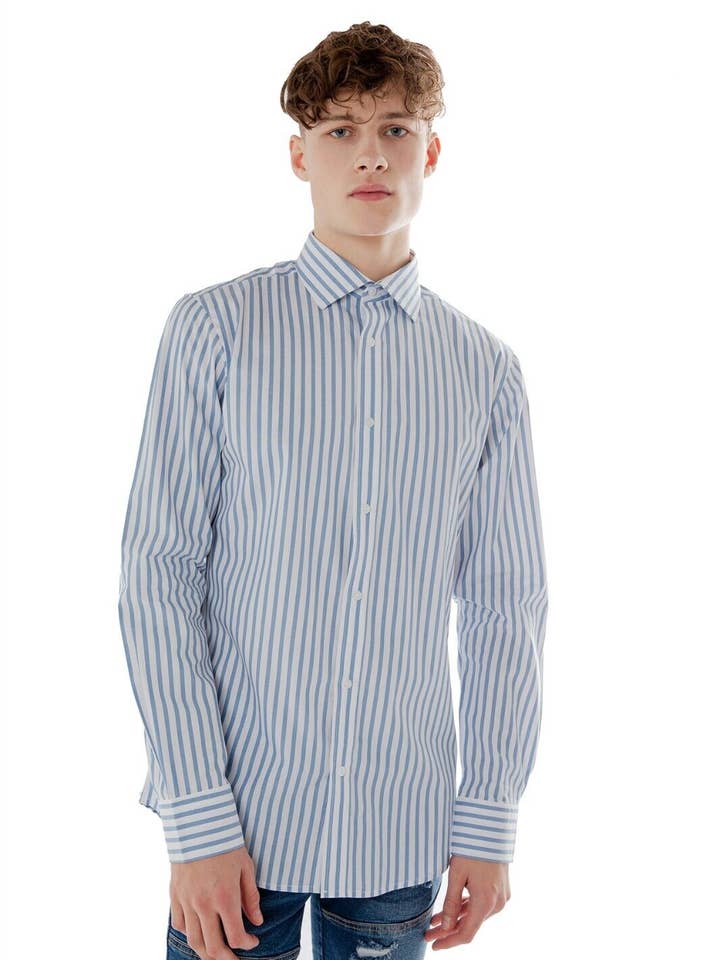 Overhemden met lange mouwen, slim-fit gestreepte top voor heren - wit en aqua voor wholesale door TOPLOOK LONDON