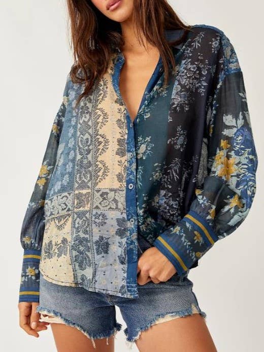 Rosa Clothing - Wholesale Button Down Shirt - Women's - Bohemia chic vibe Floral patchwork print button-up shirt0
