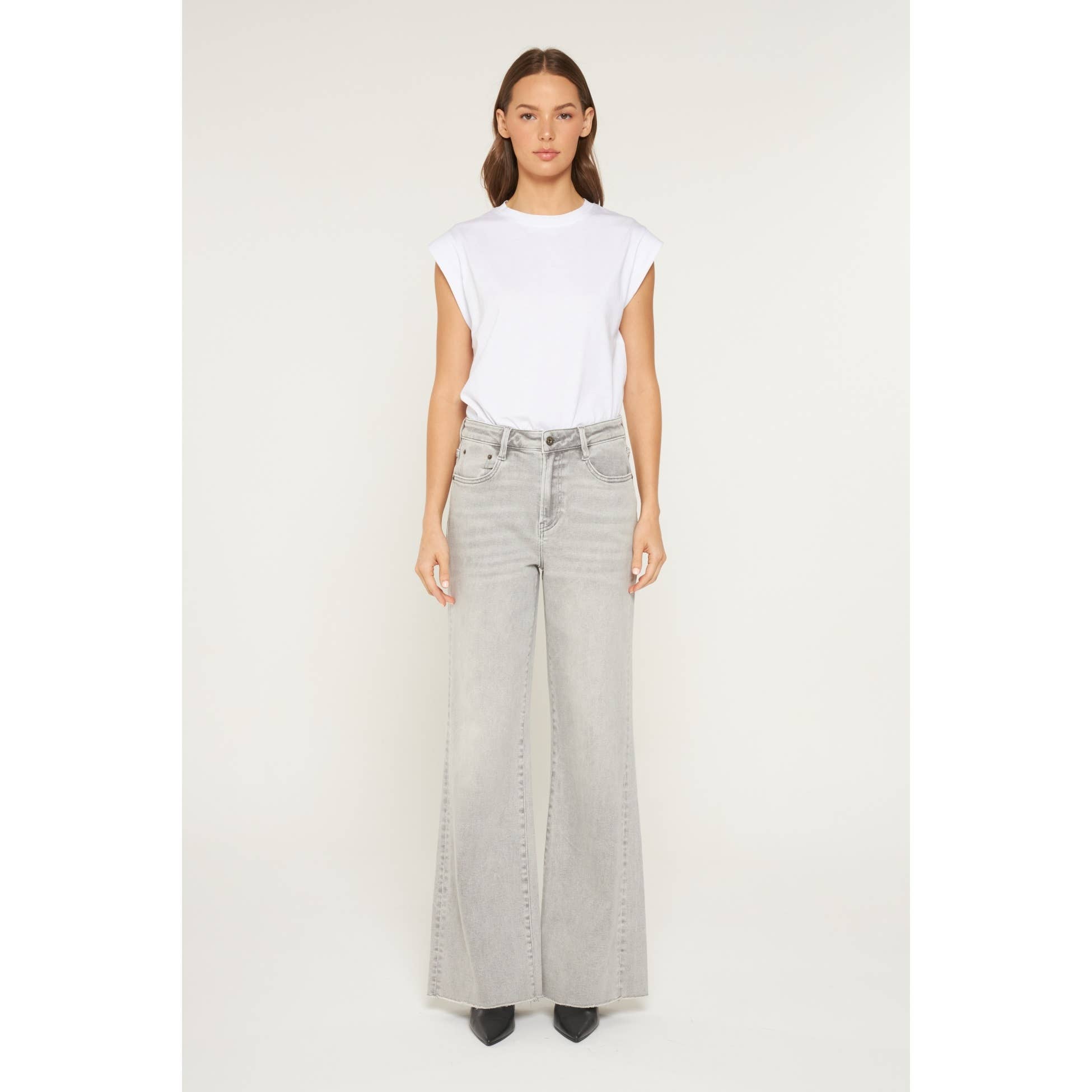 PLATINUM GREY SUPER HIGH WIDE LEG WITH RAW HEM for wholesale on Faire1