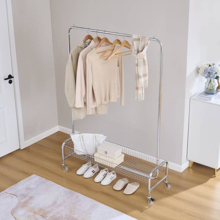 39F Inc. - Wholesale Coat Rack - Set of 2 Heavy Duty Rolling Garment Rack with Basket&Wheels