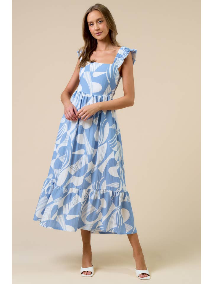 LT BLUE ILD5821 Printed Ruffled Strap Midi Dress for wholesale on Faire