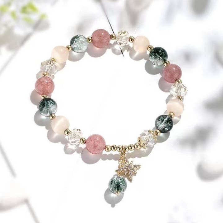Bracelet vert naturel avec octagramme et cristal opale perlé à la fraise pour la vente par Exsito