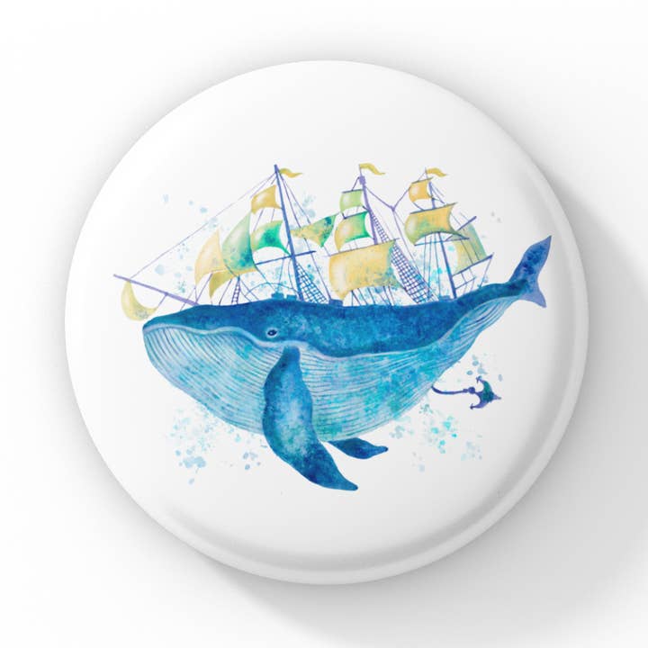 Sailing Whale Pin Button, Whale Keychain, Whale Magnet for wholesale by NatureCuts