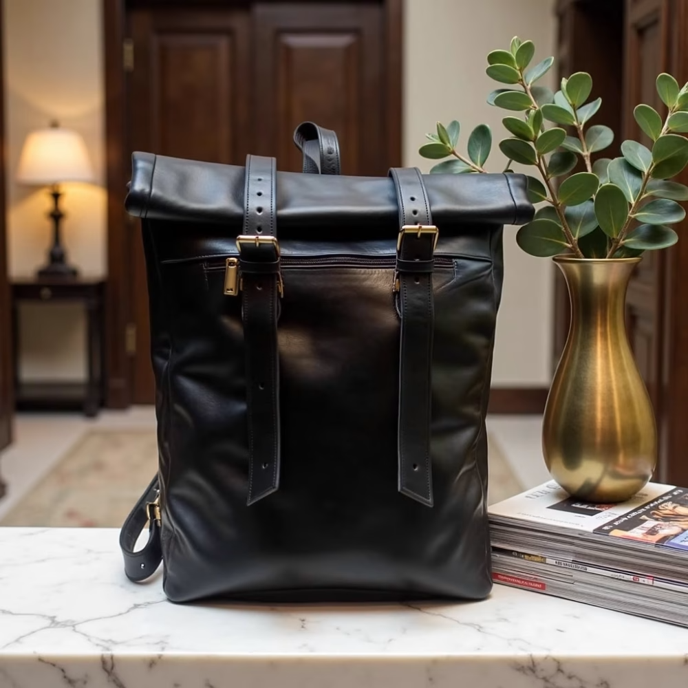 High crafty – wholesale Backpack – Unisex – Urban Black Leather Backpack – Handcrafted Rolltop Design10