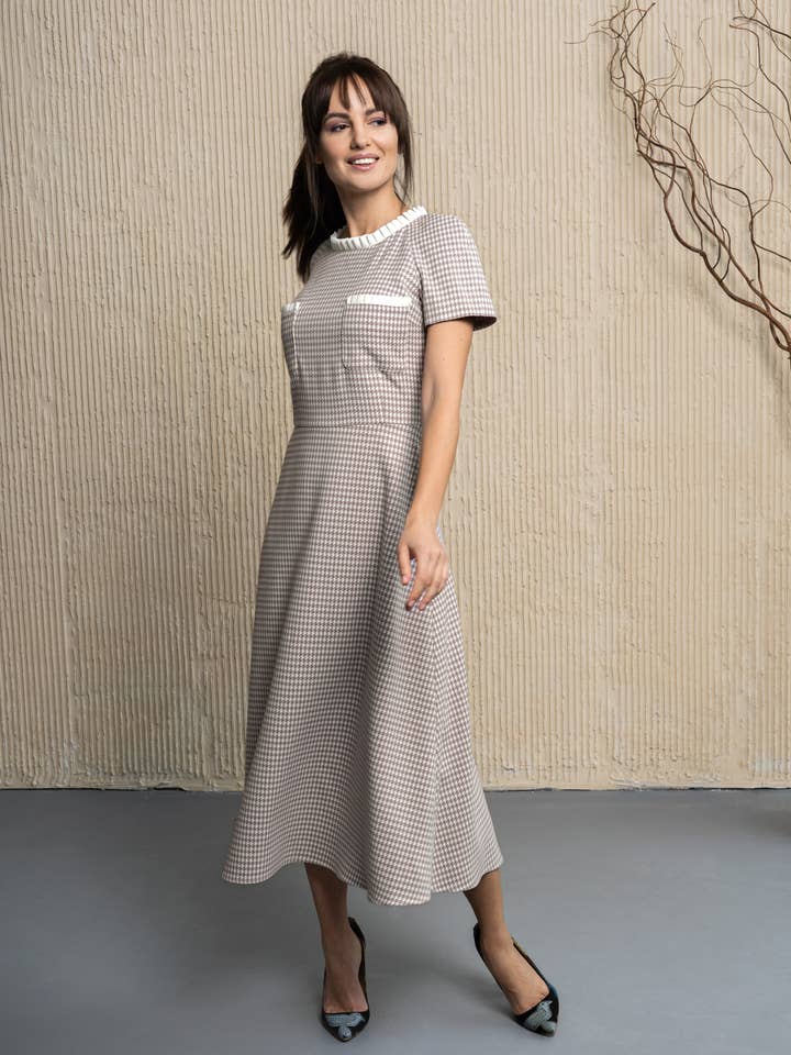 Midi Dress "Pie de Poule" in Pastel Pink for wholesale by ANASTASIIA IVANOVA