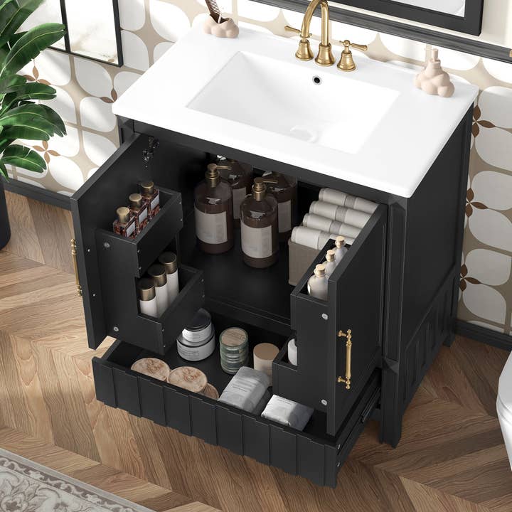30' Bathroom vanity with sink, multi-functional bathroom cabinet with doors and storage for wholesale by BlakOutlet