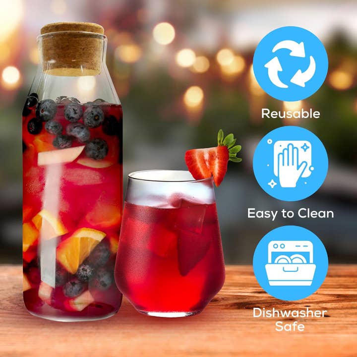 Jara Trading – wholesale Carafe – Glass Carafe - 1L Water Carafe with Lid - Versatile Clear Glass Bottle with Cork Lid, Used as a Bedside Water Carafe, Beverages or Non-Food Items Like Laundry Detergent Storage3