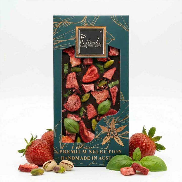Premium milk chocolate - strawberry, pistachios, basil 95g for wholesale by Ritonka ...made with love