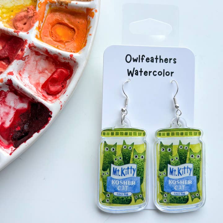 Pickle Cats Earrings – Quirky Kosher Cat Jar Jewelry for wholesale by Owlfeathers Watercolor