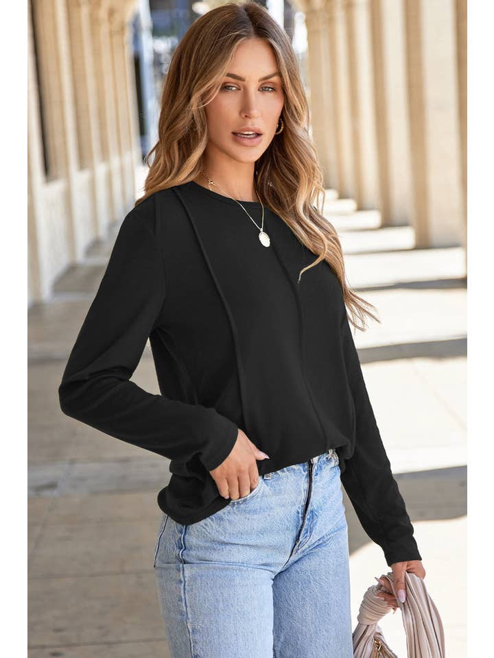 PRETTY BASH - Wholesale Knit Top - Women's - Solid Reverse Seam Crew Neck Long Sleeve Top26