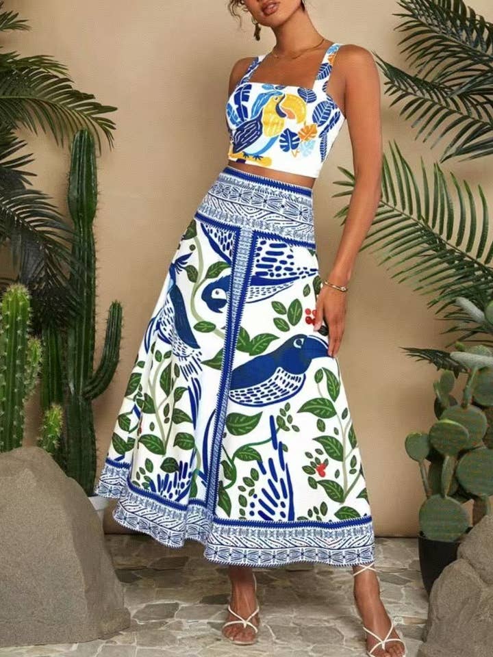 Rosa Clothing - Wholesale Top & Skirt Set - Women's - Colorful Boho Floral Print Crop Top & Skirt Set