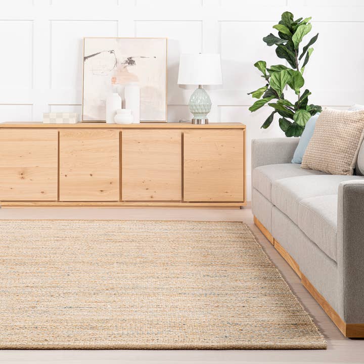 Blue Home Conservatory Mixed Stripe Handwoven Jute Area Rug for wholesale on Faire