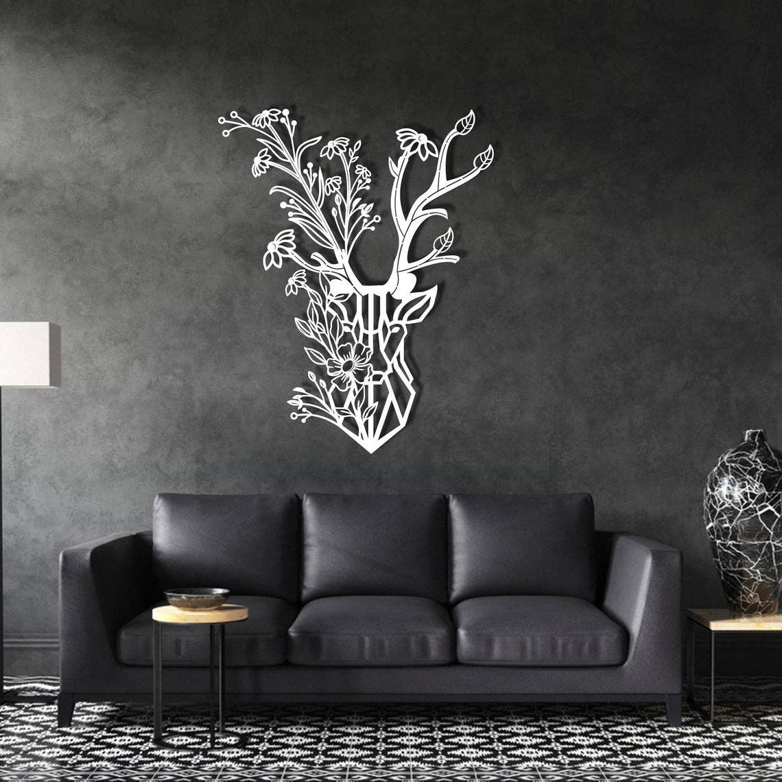 benjashop – Engroshandel 3D-vægkunst – Rustik Buck Deer Wall Decor, Silhuet Blomster Metal Kunst4