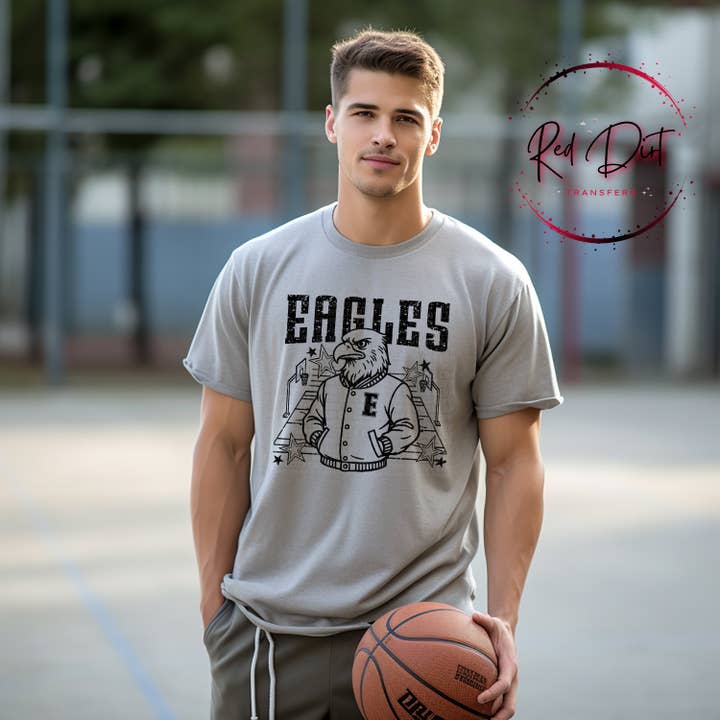 Eagles Basketball Letterman T-Shirt | Trendy School Spirit Shirt | Fast Shipping | Super Soft Shirts for Men/Women/Kid's for wholesale by Red Dirt Transfers
