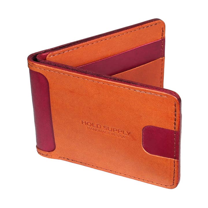 Carteira Bifold em pele vermelha e castanha, carteira billfold masculino por atacado de HOLD SUPPLY