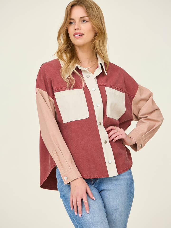 Oversized Shirt Jacket Color Block Shacket for wholesale by Orange Creek