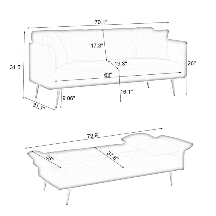 39F Inc. - Wholesale Sofa - 70.1" Futon Sofa Bed - Convertible w/ Folding Armrests19