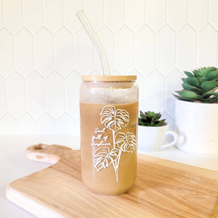 Scripted Pearl - Wholesale Drinking Glass/Cup - Floral Iced Coffee Glass Can with Bamboo Lid and Straw