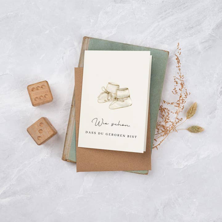 Greeting card birth (folding card), baby, shoes for wholesale by Liljendal