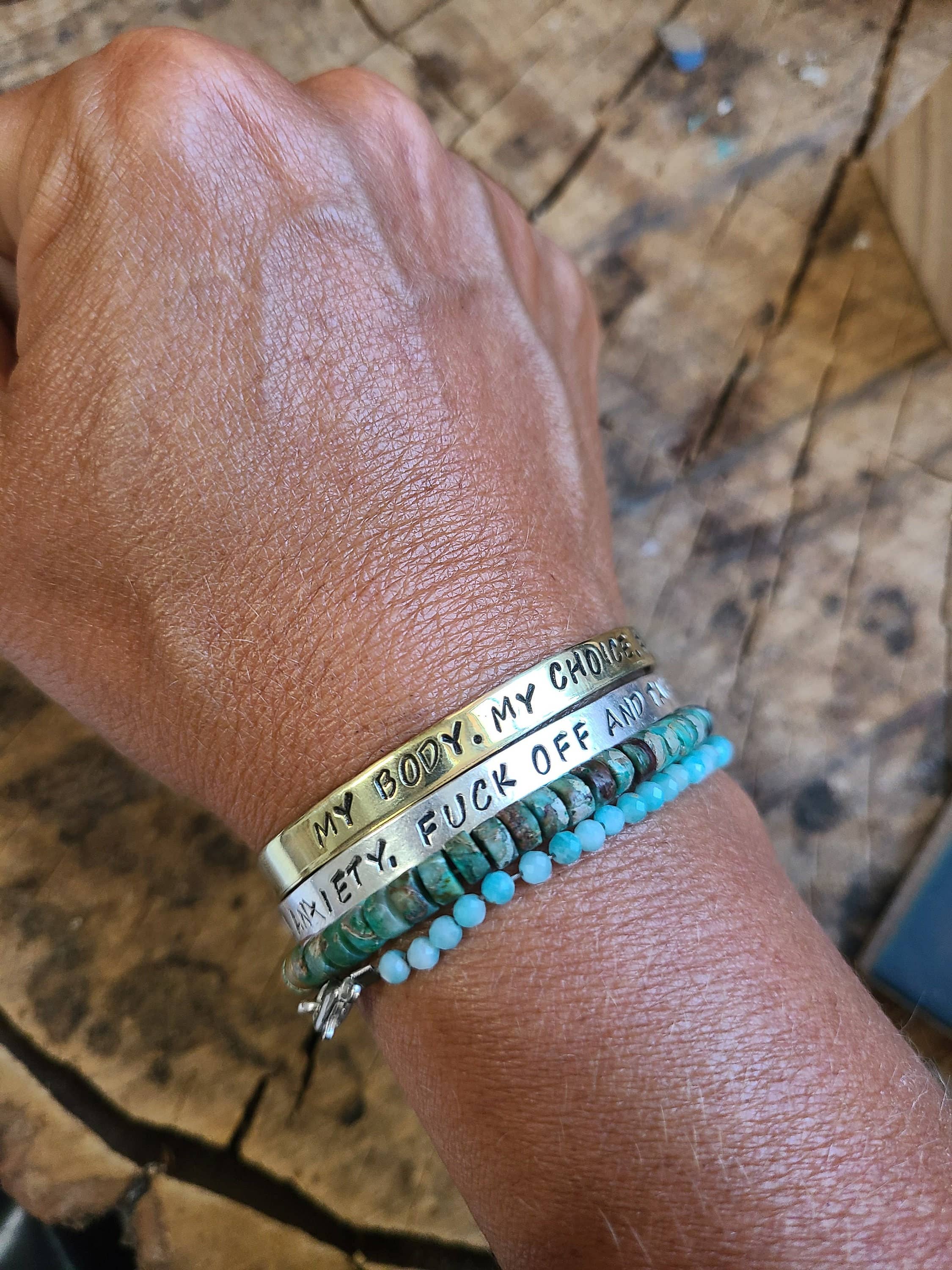 Silver Lining Studio – wholesale Cuff bracelet – My Body. My Fucking Choice. #pussypowe - Pro Choice, Feminist. Copper Or Brass Gold Cuss Cuff. Swearing, Adult, Stackable Bangle Bracelet6