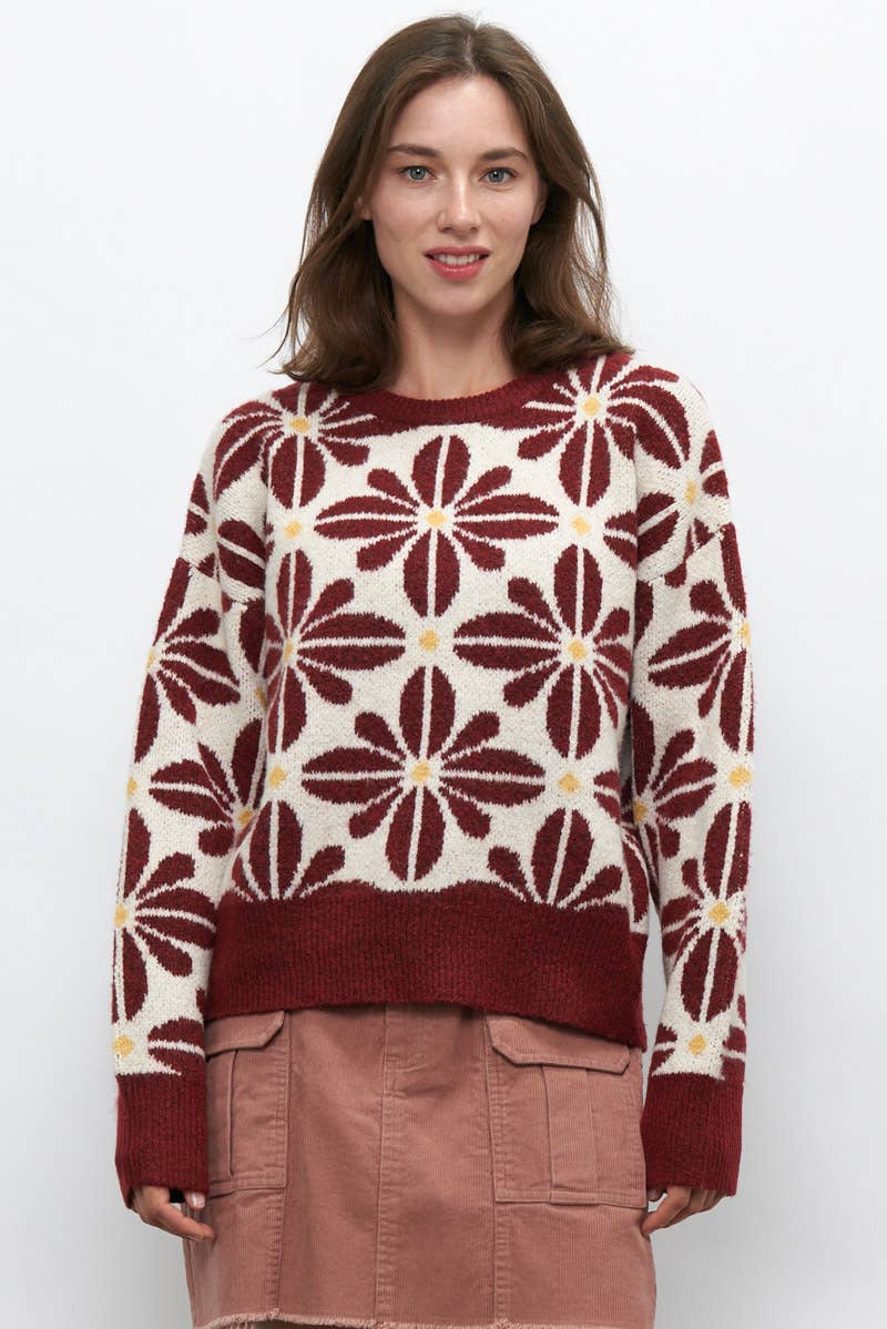 Newbury Kustom - Wholesale Knit Sweater - Women's - 11163-Floral Pattern Crew Neck Sweater4